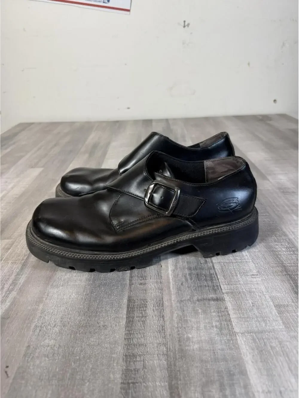 Skechers Mens Size 13 Black Leather Y2K Chunky Buckle Strap Moto Goth Platform